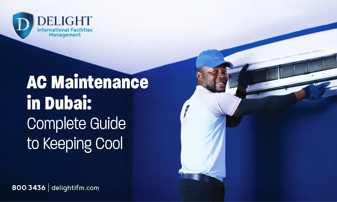 AC maintenance technician servicing a split unit in Dubai