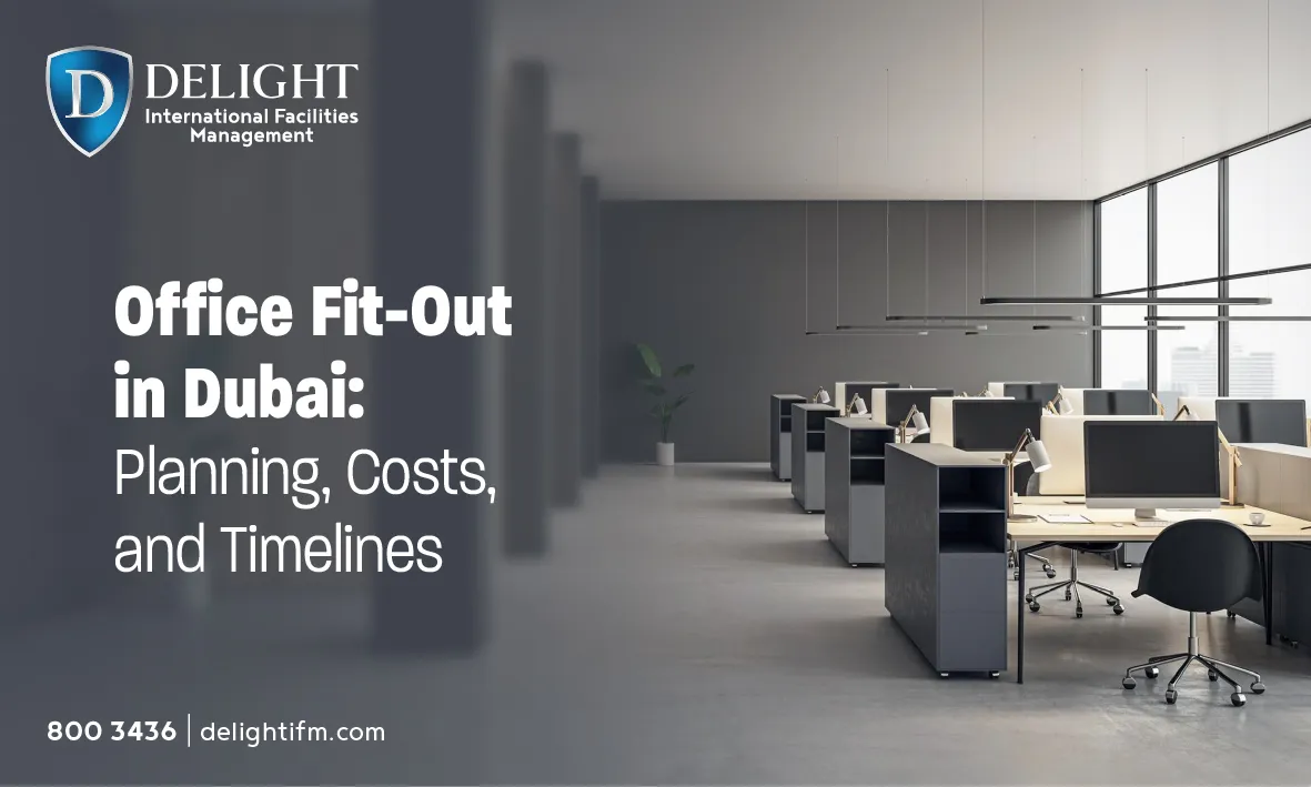 Modern office fit-out project in Dubai with glass partitions and open workspace