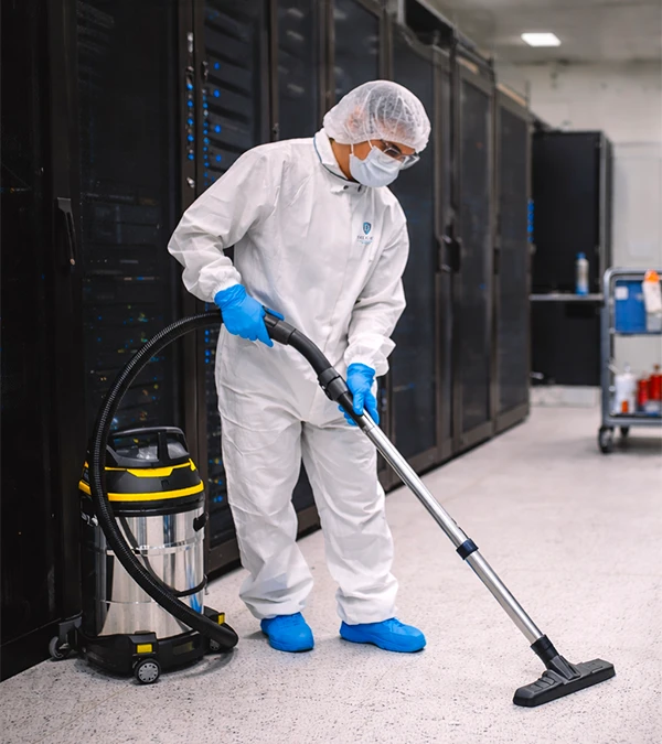 ISO 14644-compliant data center cleaning by Delight IFM technician in cleanroom gear